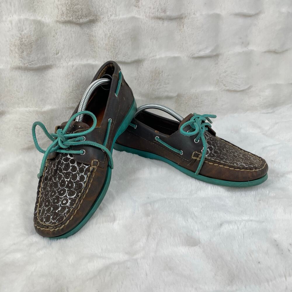 🔥Thrashed ARIATPalisade Brown Aqua Distressed Women Moccasins Boat Shoes
